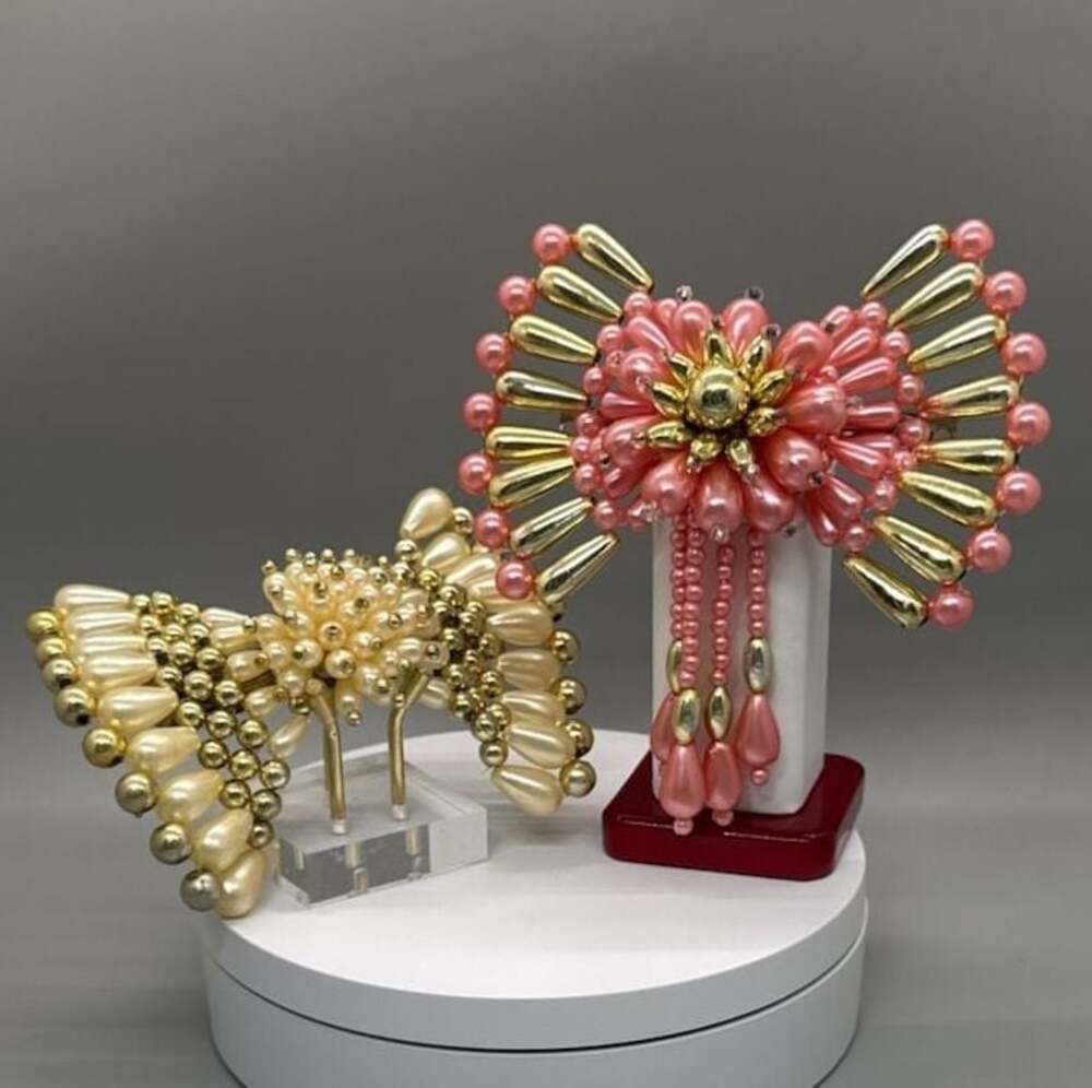 Pearl Beaded Bow Barrette Hair Clip Lot Pink Cream Gold Coquette Y2K 90’s Vtg